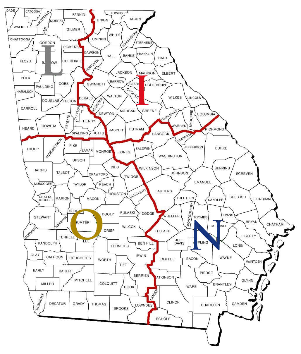Picture of the Georgia State map showing the four Districts in the MD-18 Distirct. Each district has it's own color. L is Grey, I is RED, O is GOLD, N is BLUE